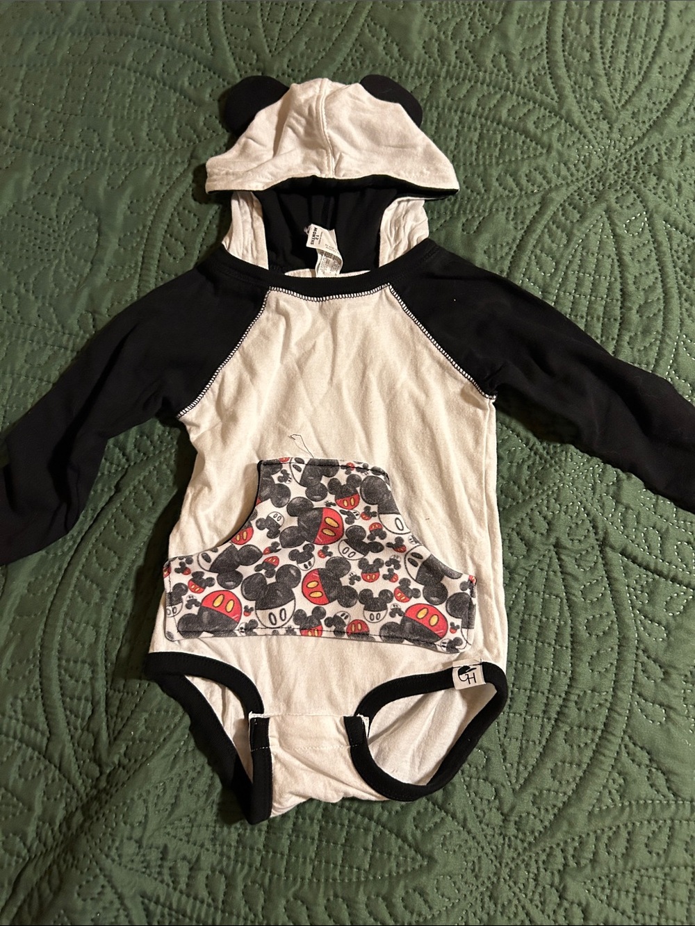 Rabbit Skins Black & White Panda-Style Hooded Bodysuit with Character Pocket